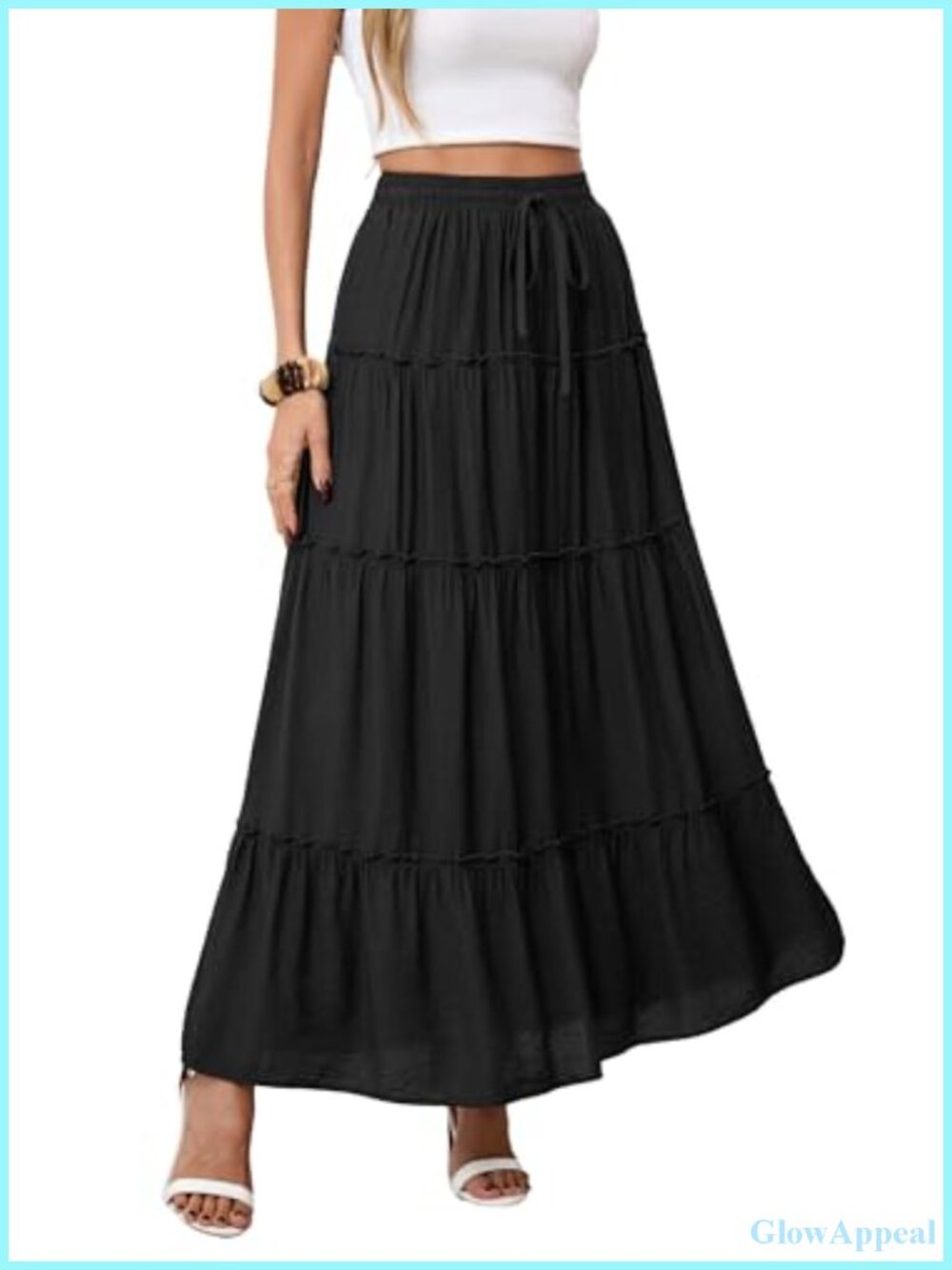 Women's Flowy Maxi Skirt - High Waist A-Line Boho Tiered & Drawstring